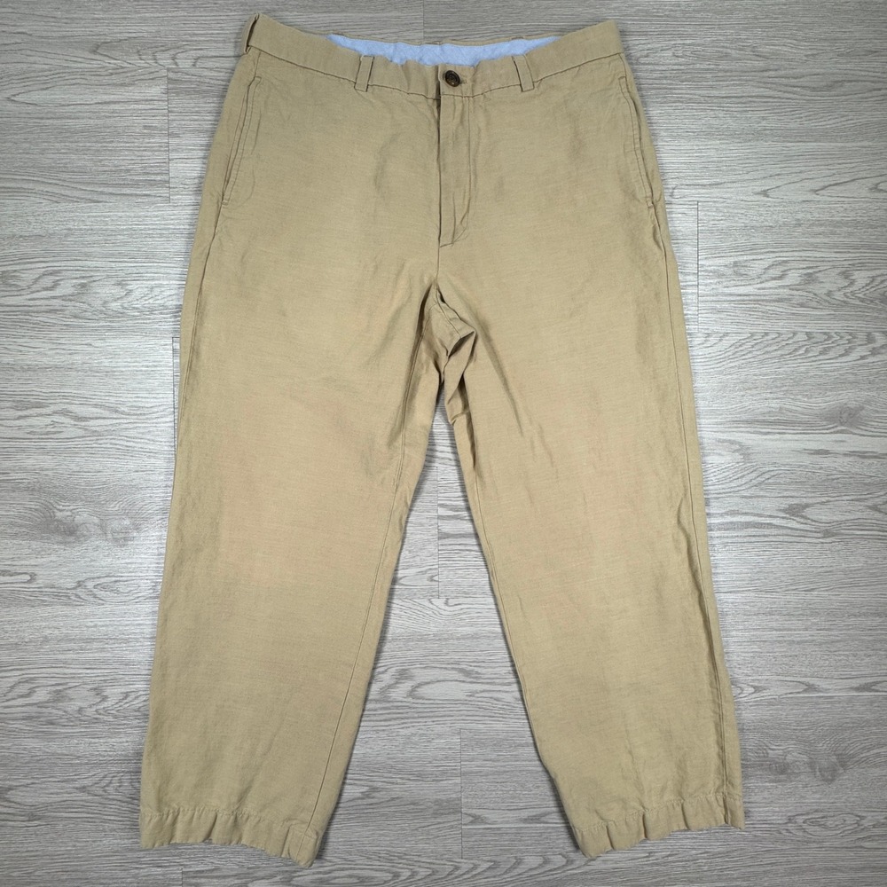 Brooks Brothers Men's Pants 346 Linen Cotton Chino Khaki Tan W35 L30 Flat Front